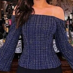 🆕NWTZara tweed off shoulder belle sleeve top Xs